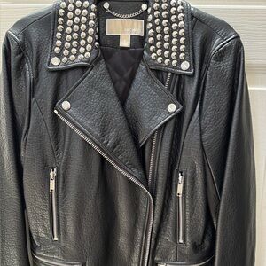 Michael Kors Black Leather Moto Jacket with Studded Collar